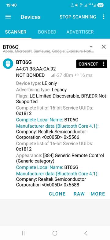 nRF Connect: BT06G advert fields